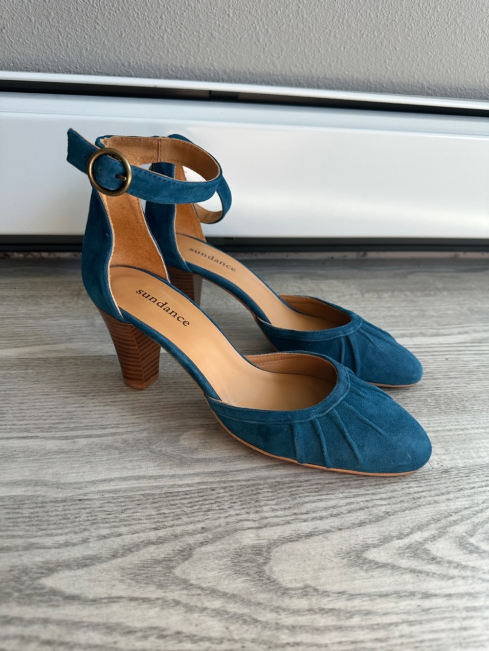 Sundance Teal Suede Ankle-Strap Block Heels
